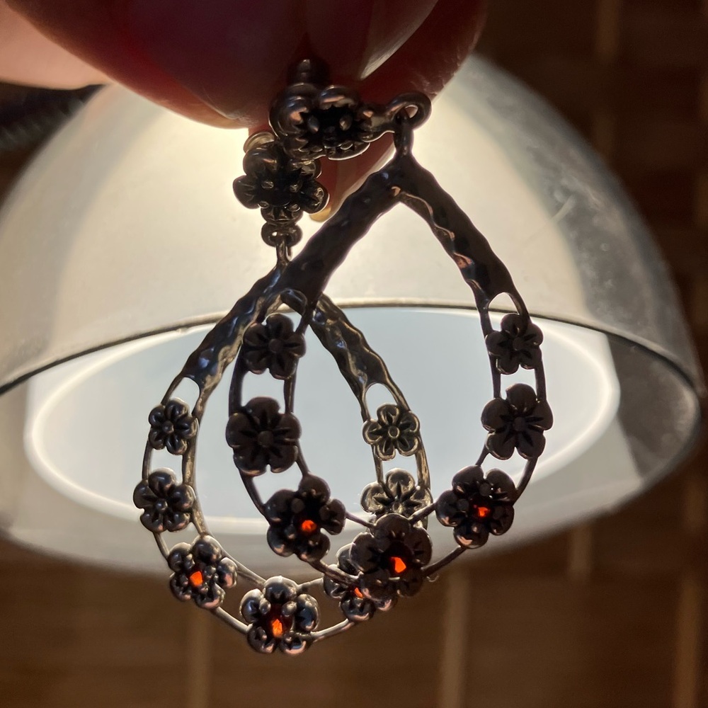 Sterling Silver Garnet Floral Teardrop Earrings - Picture 3 of 6